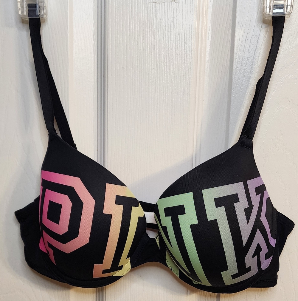 PINK Victoria's Secret 36C Wear Everywhere Push-Up Bra Black and Multicolor Logo